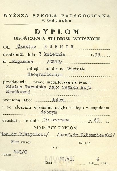 KKE 4575.jpg - Dyplom ukończeni studiów przez Czesława Kurmin, Gdańsk – WSP, 20 VI 1966 r.